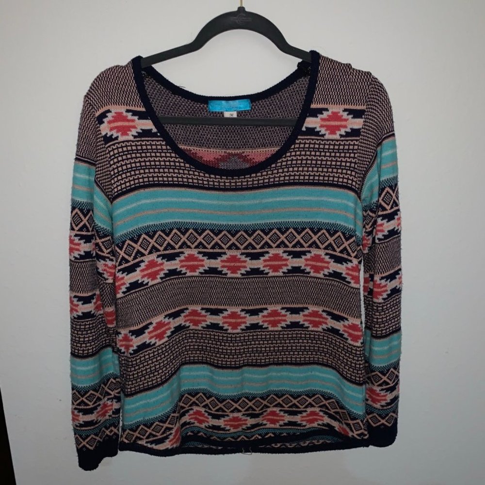 Women's Aztec Pattern Scoop Neck Sweater - Teal, Light Red & Coral